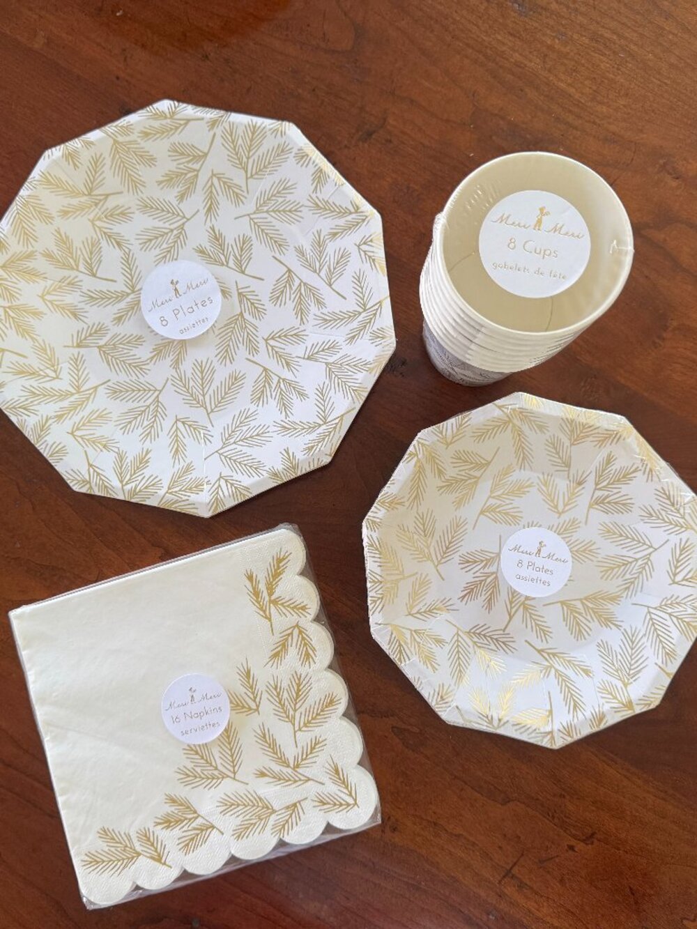 Meri Meri Gold Pine Holiday Plates, Napkins, and Cups Set